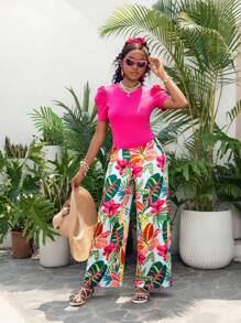 2 Pieces Set: Teen Girls Solid Color Knitted Puff Sleeve Top And Colorful Printed Wide Leg Pants, Casual, Suitable For Summer Trips