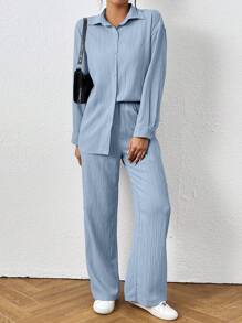 SHEIN PETITE 2pcs Women Solid Color Long Sleeve Shirt And Pants Set