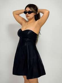 SHEIN ICON Plus Size Strapless A-Line PU Leather Dress - Black - View 5