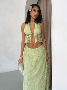 Glamine 春夏浪漫度假纹理提花挂脖吊带背心和长裙，女士两件套 - 綠色 - 查看 4