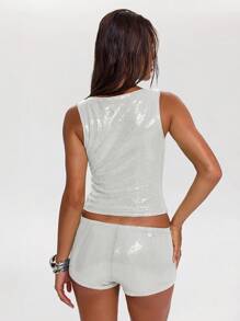 SHEIN BAE Áo không tay màu xanh ô liu trơn HEIN BAE, thích hợp cho buổi hẹn hò, tiệc tùng, trà chiều, đám cưới, tiệc sinh nhật, ngày Valentine, buổi hòa nhạc, tối giản và thời trang, mặc đi chơi đêm, câu lạc bộ, vạt áo bất đối xứng lấp lánh. - trắng - Xem 2