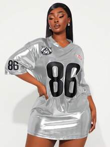 SHEIN SXY Plus Size Women's New Sporty Metallic Silver Jersey Club Tee, Suitable For Cheering, Ball Game, Casual, Shopping, Streetwear, Going Out - Silver - View 4