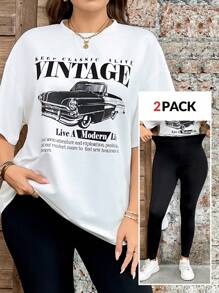 SHEIN LUNE 2pcs Vintage Car Print Casual Suit Set, Includes Loose T-Shirt Top And Tight Fit Pants, Plus Size Cowgirl Summer Outfits For Women Graduation Spring Women Summer Clothes Graduation Easter Outfit Women Spring Summer Clothes Vacation Bohemia Easter Outfit Women - Black and White - View 1