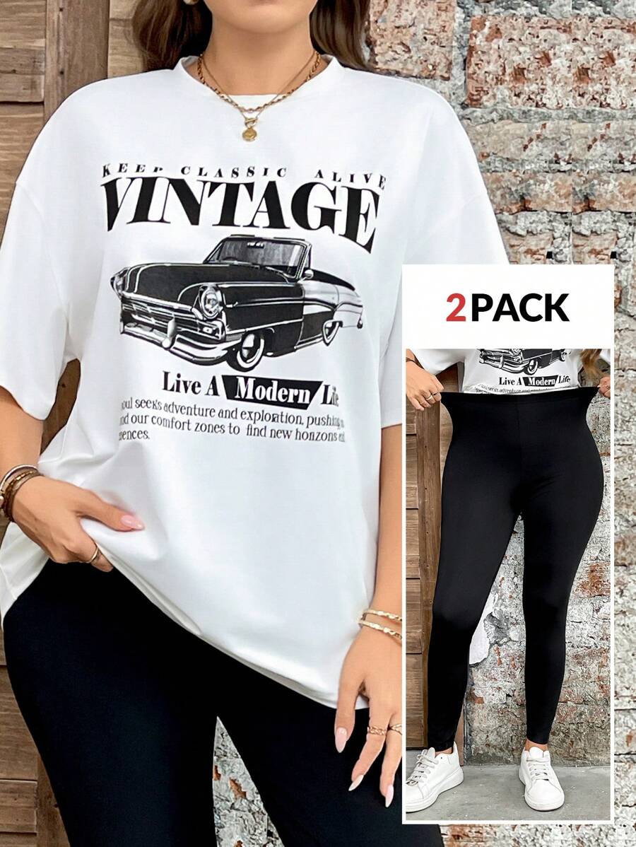 SHEIN LUNE 2pcs Vintage Car Print Casual Suit Set, Includes Loose T-Shirt Top And Tight Fit Pants, Plus Size Cowgirl Summer Outfits For Women Graduation Spring Women Summer Clothes Graduation Easter Outfit Women Spring Summer Clothes Vacation Bohemia Easter Outfit Women - Black and White - View 1