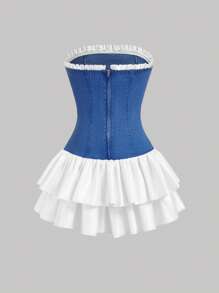 SHEIN MOD Women's Casual Colorblock Ruffled Hem Strapless Denim Dress, Summer - Blue - View 2