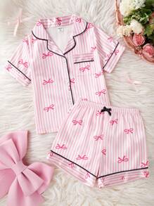 Young Girl Pajamas Pink Bow Striped Satin-Like Trim Colorblock Short Sleeve & Shorts Nightwear Set, Fashion Lapel Casual Homewear Back To School Fashion