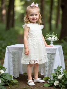 SHEIN Glamorique Kids Baby Girl Embroidered Stand Collar Design Casual Dress, Spring/Summer Wedding Dress For Baby Girl Clothes Elegant - White - View 1