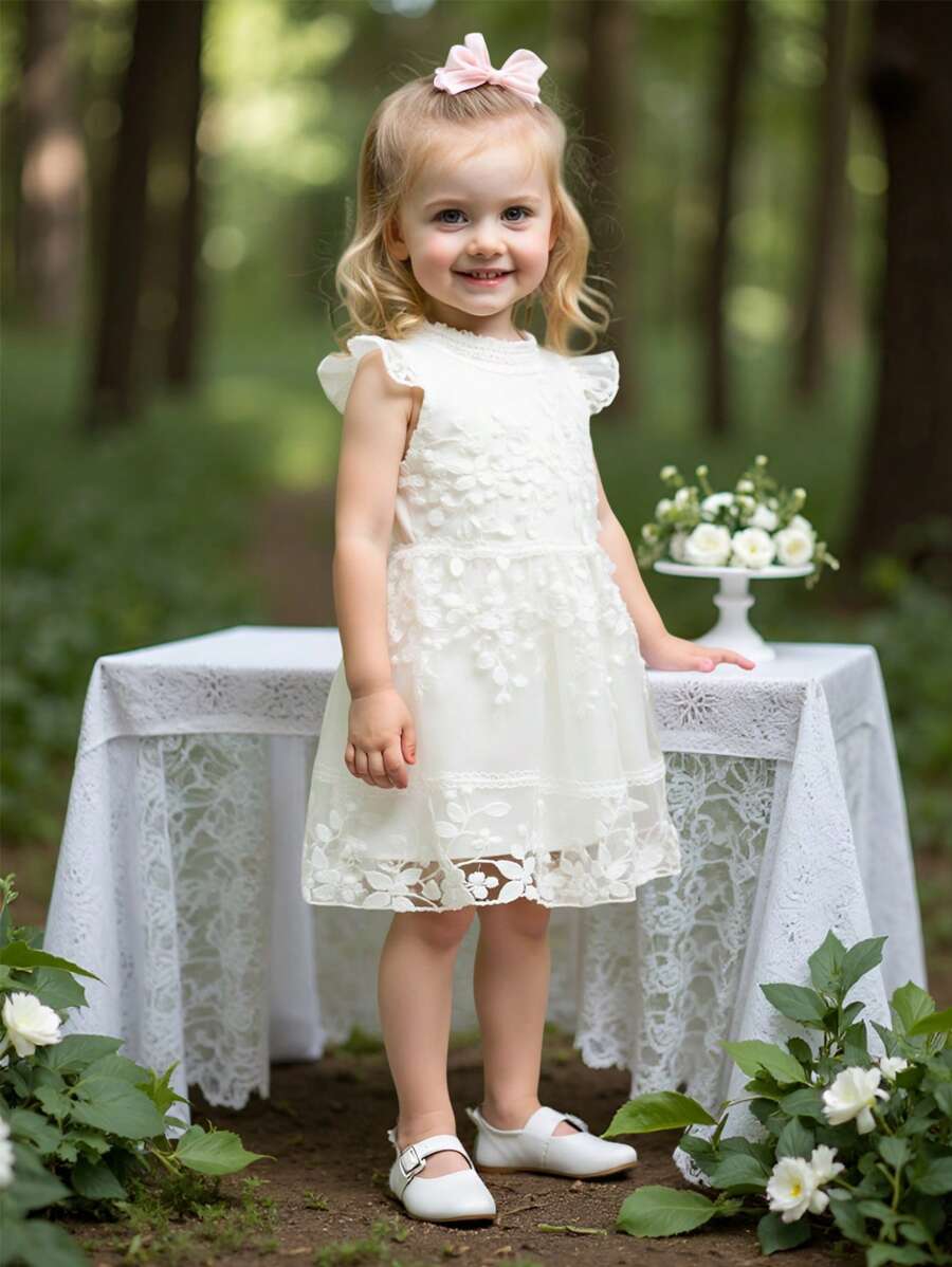 SHEIN Glamorique Kids Baby Girl Embroidered Stand Collar Design Casual Dress, Spring/Summer Wedding Dress For Baby Girl Clothes Elegant - White - View 1