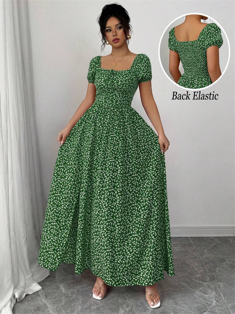 Rafferiza 女士度假浪漫优雅碎花褶皱泡泡袖收腰 A 字休闲节日情人节场合蝴蝶结后背吊带连衣裙，多种穿着风格，春夏新品毕业春季连衣裙海滩女士服装太阳开衩长款连衣裙 - 墨綠色 - 查看 1