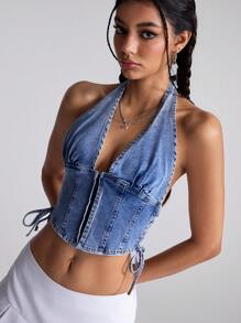 SHEIN ICON Women's Blue Denim Halter Top, Long Zippered Corset Style With Lace-Up Sides, Half Sleeves - Blue - View 7