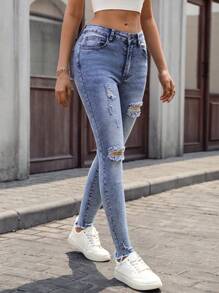 SHEIN Essnce Quần jeans skinny rách cá tính, thanh lịch, đa năng dành cho nữ - Rửa trung bình - Xem 6