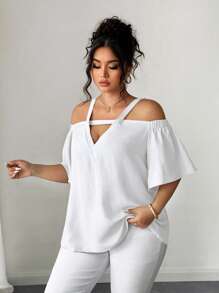 Elenzga Plus Size Solid Color Openwork Casual Vacation Short Sleeve Shirt - White - View 3