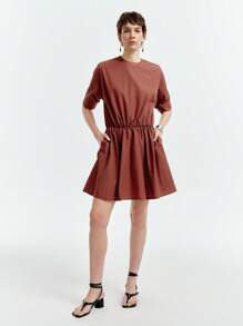 SHEIN Clasi 女士纯色圆领短袖荷叶边下摆休闲连衣裙 - 咖啡 - 查看 4