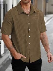 Manfinity Homme Plus Size Men's Casual Solid Color Textured Short Sleeve Shirt, Summer - Brown - View 5
