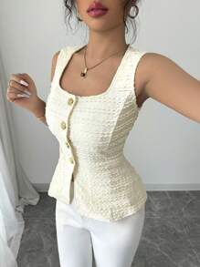 SHEIN Unity معطف أنيقة وكاجوال وكلاسيكية بدون أكمام مزودة بياقة مربعة بيضاء للنساء، ملابس علوية ربيعي - لون مشمشي - مشاهدة 5