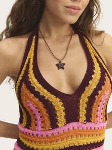 SHEIN Unity Striped Halter Women Mini Dress Featuring Vibrant Summer Tones And A Flattering Halter Neckline, Perfect For Beach Outings, Pool Parties, Or Tropical Getaways - Multicolor - View 4