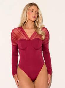 Glamine Women's Sexy See-Through Mesh Patchwork Bodysuit Fall Cloth For Women - Burgundy - View 4
