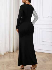 SHEIN Lady Gold Sequin Print Stitching Black Stretch Knitted Trousers Fishtail Skirt Women Long Dresses Dress Party Prom Valentine's Day - Silver - View 2