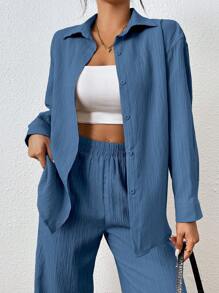 SHEIN PETITE 2件套女士纯色长袖衬衫和裤子套装 - 水鴨藍 - 查看 5