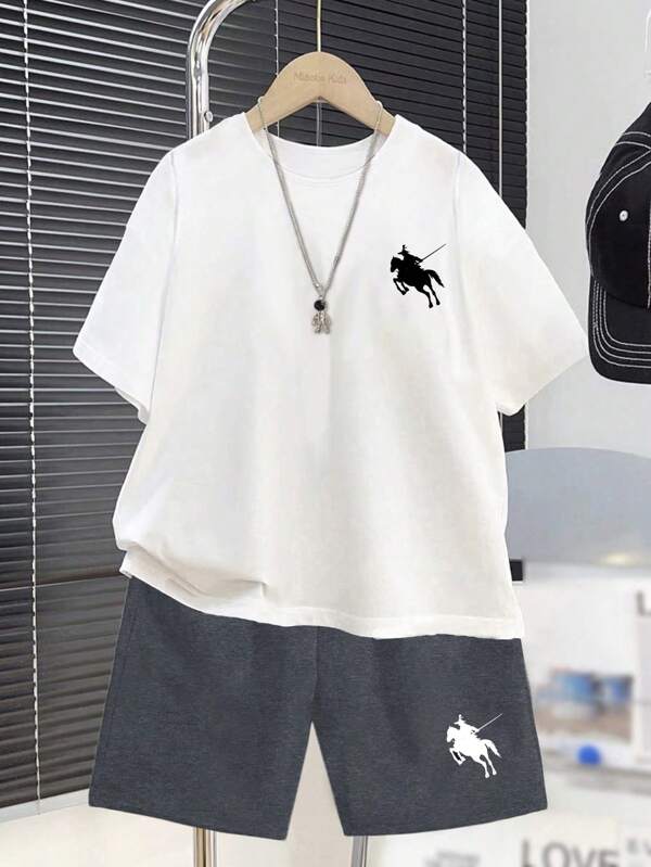 SHEIN Set de 2 piezas de camiseta de manga corta de cuello redondo minimalista informal y pantalones cortos para niños preadolescentes, adecuado para verano