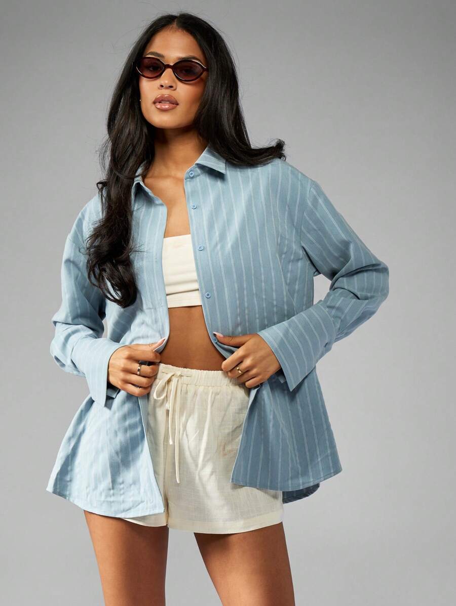 MISSGUIDED 细条纹纽扣衬衫超大长袖领口上衣商务休闲办公室装周末早午餐春夏轻便经典基本款 - 霧霾藍 - 查看 1