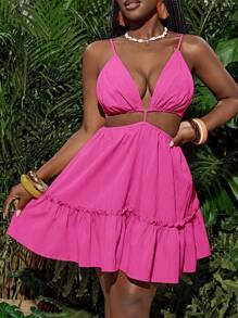 Slaydiva Nuevo vestido mini de mujer con rayas texturadas, cuello en V profundo, sin tirantes, sin cinturón, con espalda descubierta y volantes en el bajo, en naranja, para primavera y verano, de estilo casual y vacacional, dulce y sexy