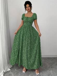 Rafferiza 女士度假浪漫优雅碎花褶皱泡泡袖收腰 A 字休闲节日情人节场合蝴蝶结后背吊带连衣裙，多种穿着风格，春夏新品毕业春季连衣裙海滩女士服装太阳开衩长款连衣裙 - 墨綠色 - 查看 6