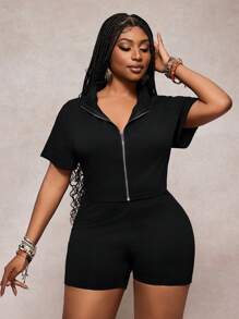 Slaydiva 2 Pcs/Set Women Plus Size Leisure Casual Outfit, 2025 Spring & Summer New - Featuring Lettering, Rhinestones, Zipper Short Sleeve Top And Elastic Waist Shorts With Rhinestone Decoration - Black - View 4