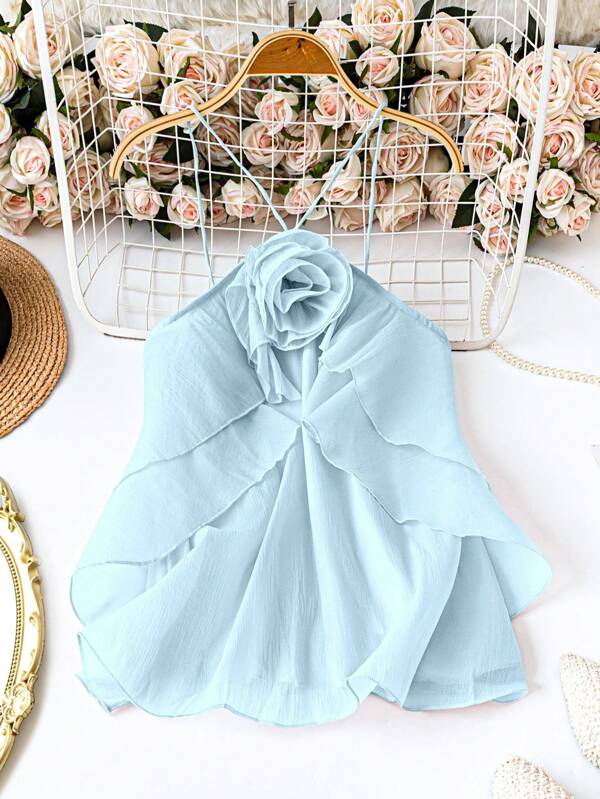 DreamSkyne Romantic Date  Plus Size Women's Solid Color 3D Floral Ruffled Trim Spaghetti Strap Elegant Romantic Party Camisole, Summer