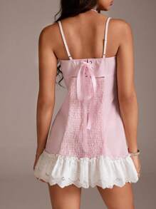 TRNVIE 1 件女式半身裙，花朵蕾丝装饰，文胸尺寸，粉色系带优雅连衣裙 - 淺粉色 - 查看 2