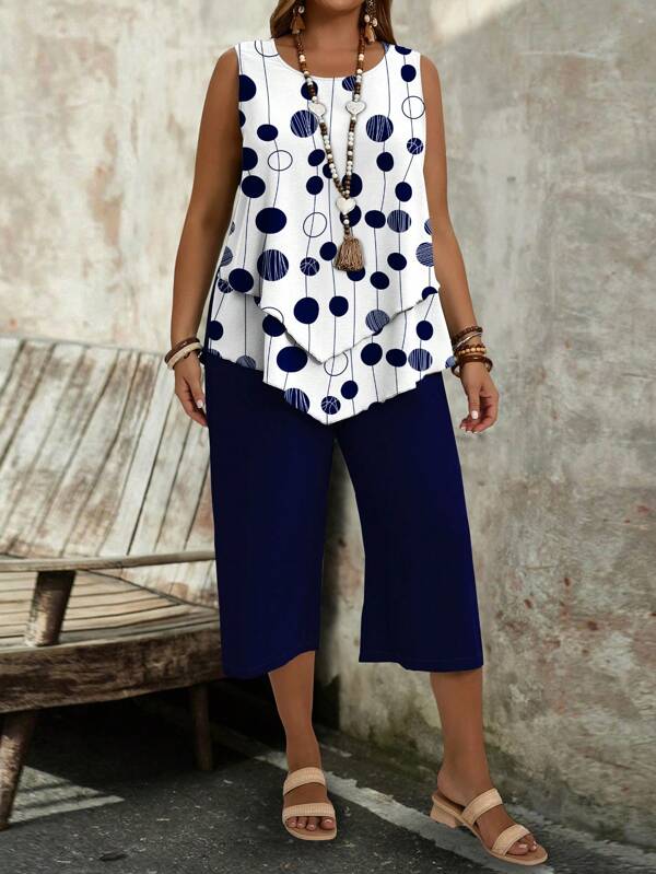 EMERY ROSE 2pcs/Set Plus Size Women Geometric Print Asymmetric Hem Camisole And Pants Casual Outfit, Summer Suitable For Going Out