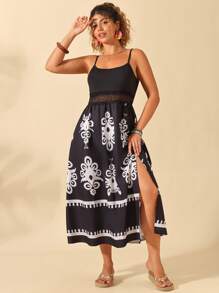 Breezaya Vestido casual de vacaciones para mujer de talla grande, con cuello en V sin mangas, estampado retro, combinación de materiales, remiendo, cintura, encaje floral, calado y abertura en el bajo, diseño ajustado. Nueva llegada del verano de 2025.