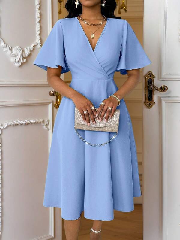 Lyxana Elegant Fashion V-Neck Bell Sleeve Cinched Waist Flowy Dress For Women, Versatile For Daily Wear