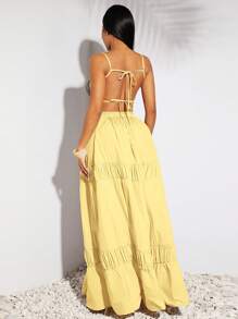 SHEIN SXY 春夏季度假婚礼情人节女装优雅洋气服装灰卡其色仿麻面料大吊带背心褶皱设计一摆长连衣裙 - 黃色 - 查看 2