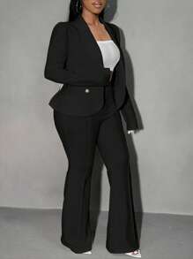 SHEIN SXY Traje de blazer de manga larga con cuello de solapa y pantalones campana de unicolor para mujer de talla grande