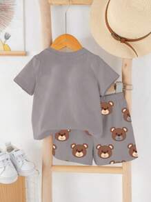SHEIN 2pcs Baby Boy Casual Minimalist Crew Neck Short Sleeve Top & Shorts Set, Summer - Multicolor - View 3