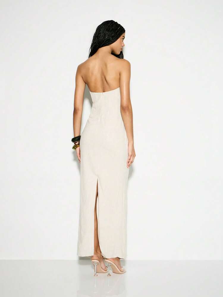 KIZN Robe de soirée drapée et froncée sans bretelles avec panneau de corsage, robe de soirée maxi avec fendu sur le côté, longueur au sol, pour occasion spéciale, mariage, invité