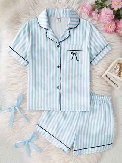 女童条纹仿丝针织开衫，带纽扣，蝴蝶刺绣口袋短裤，粉色和白色条纹短裤套装，适合家居服