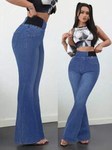 SHEIN Tall 女士牛仔裤休闲紧身弹力喇叭裤蓝色紧身牛仔裤高腰喇叭裤高腰女士牛仔裤夏季 - 中等水洗藍 - 查看 3