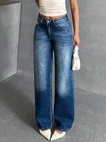 EURMUSE HIGH WAIST STRAIGHT JEAN CASUAL STYLE - Medium Wash - View 5