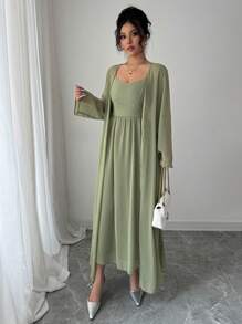 Modelyn 2 件套：优雅法式度假吊带连衣裙配夹克 - 綠色 - 查看 5