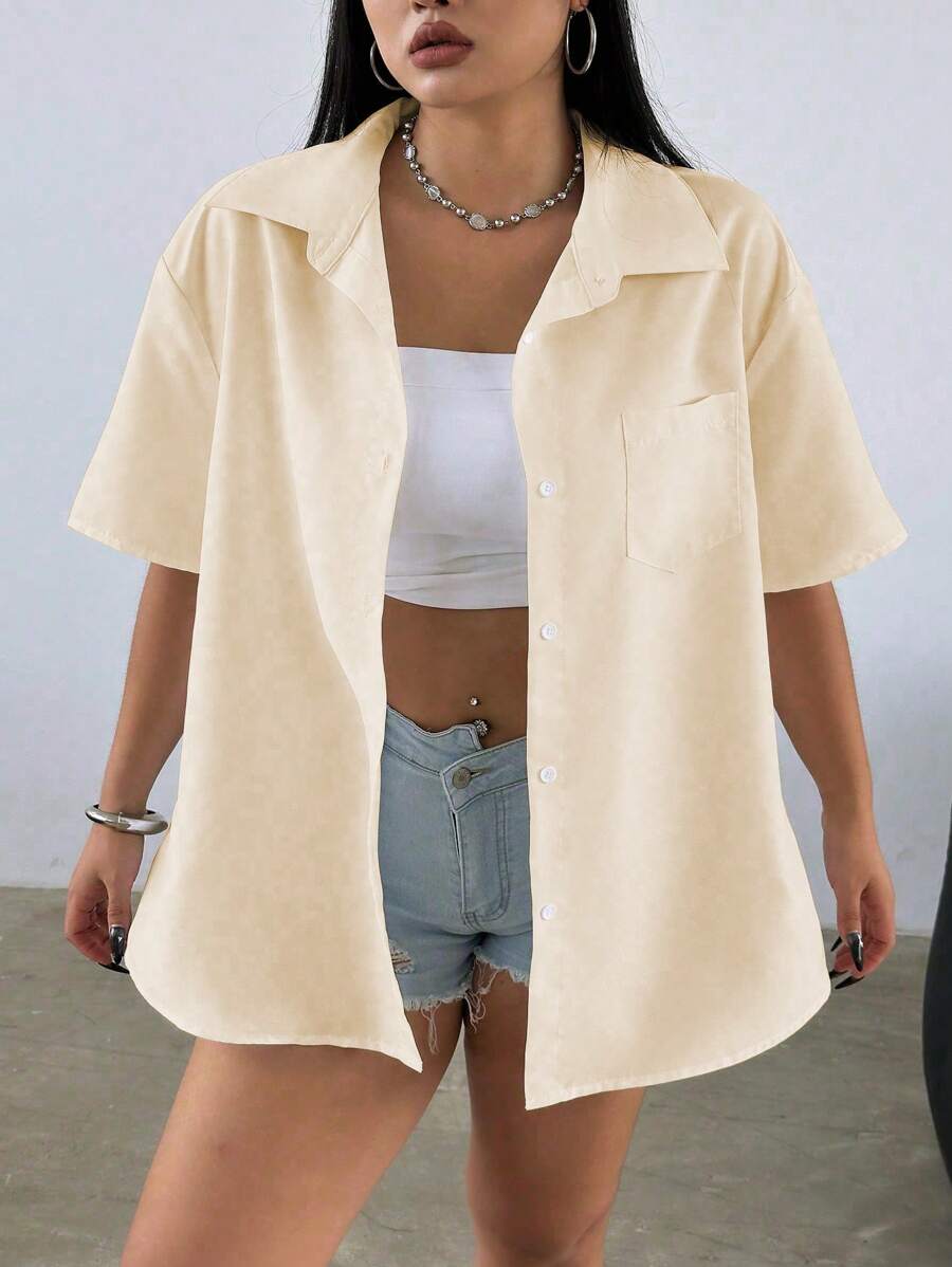 Flirla 大码纯色短袖衬衫，夏季时尚