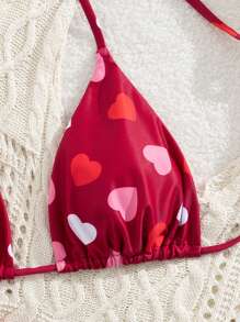 Swim Mod Lovely Versatile Heart Print Rib Knit One Piece Swimwear And Front Tie Triangle Swim Bottom, 2 Pieces Swimwear Set - Multicolor - View 3