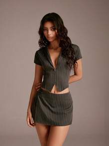 TRNVIE 1pc Women Striped V-Neck Short Sleeve Fitted Blazer & Asymmetric Hem Mini Skirt Set, Spring/Summer,Graduation Outfit. - Dark Grey - View 5