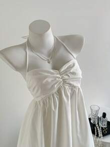 Elamini 夏季白色休闲度假女士露肩弹力修身褶饰大摆灯笼蓬松迷你连衣裙