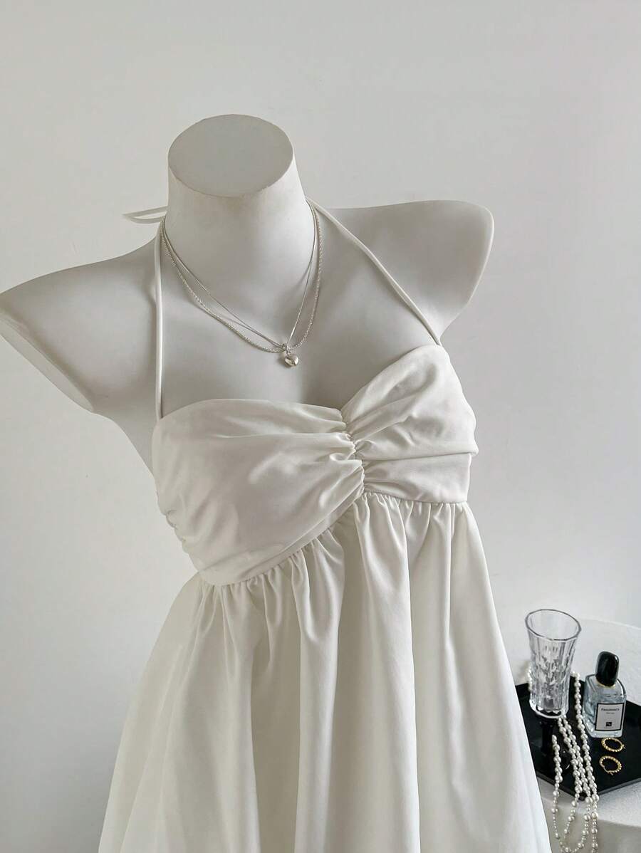 Elamini 夏季白色休闲度假女士露肩弹力修身褶饰大摆灯笼蓬松迷你连衣裙