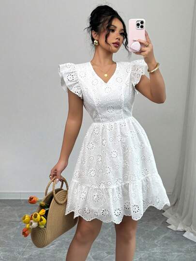 Elenzga Kvinnors sommar Backless Bowknot miniklänning med broderi och blommönster