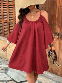 SHEIN Holidaya Plus Size Casual Round Neck Ruched Slit Flare Sleeve A-Line Dress - Red - View 4