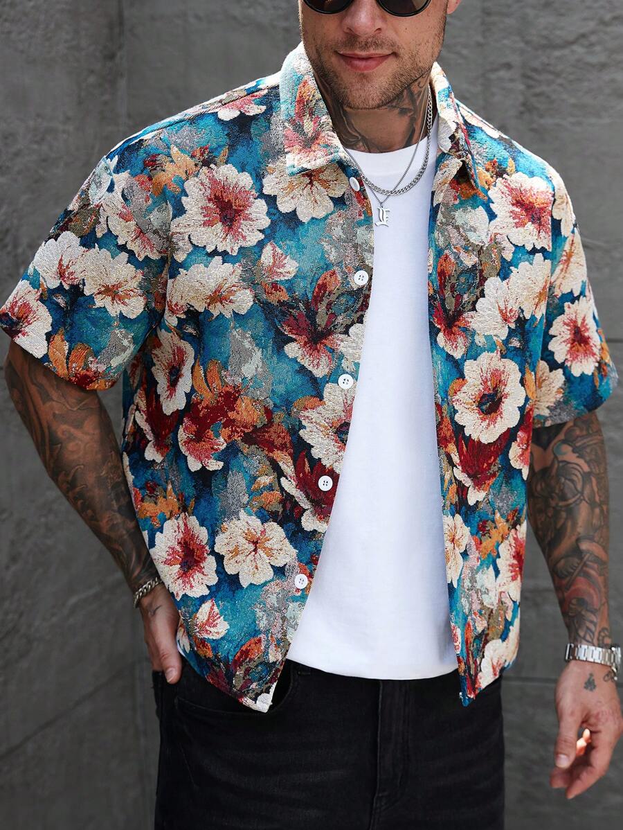 Manfinity Homme Floral Print Front Button Casual Short Sleeve Shirt For Men - Multicolor - View 1
