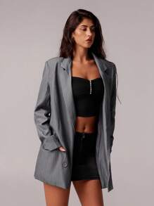 Forever 21 Blazer da donna a doppio petto con motivo a righe, manica lunga - Grigio Chiaro - Visualizzare 3
